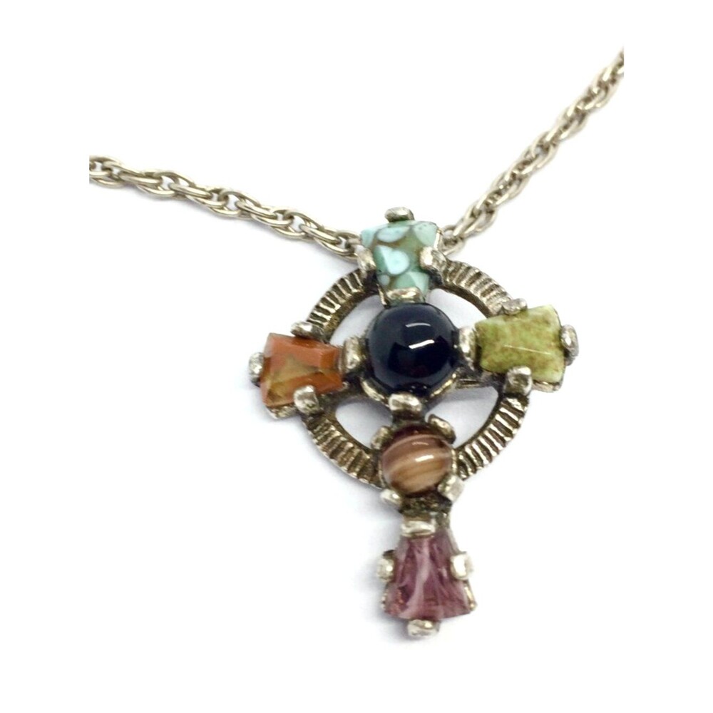 Vintage Celtic Cross Necklace Multi Gemstone Antiqued Silver Tone Signed